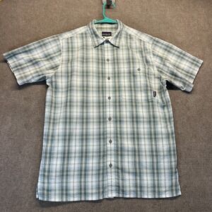 Patagonia Puckerware Shirt Men's L Short Sleeve Button Up Gray Plaid Seersucker